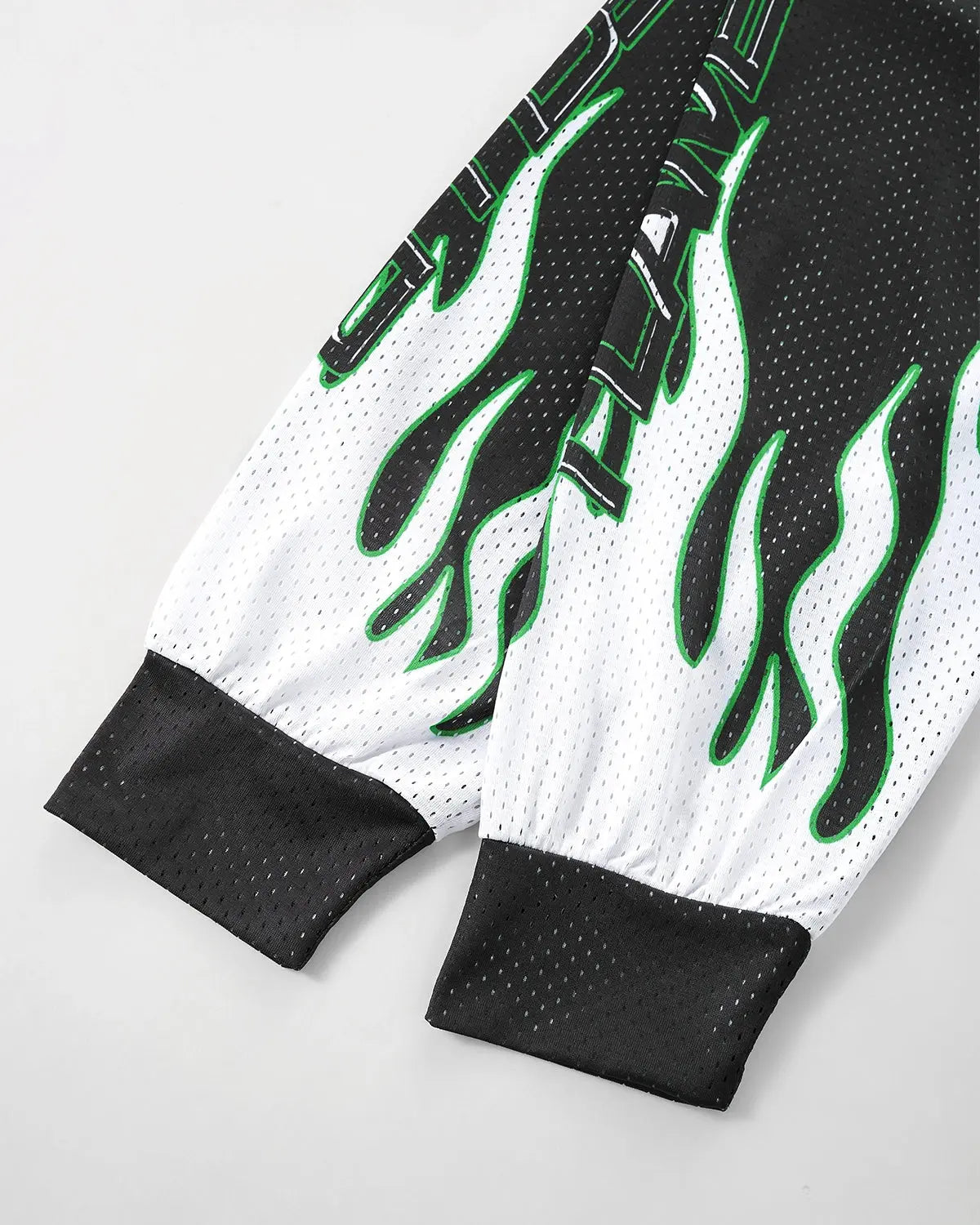 Inflation Flame Print Mesh Tee featuring bold flame graphic and lightweight mesh fabric, streetwear style for a modern look.