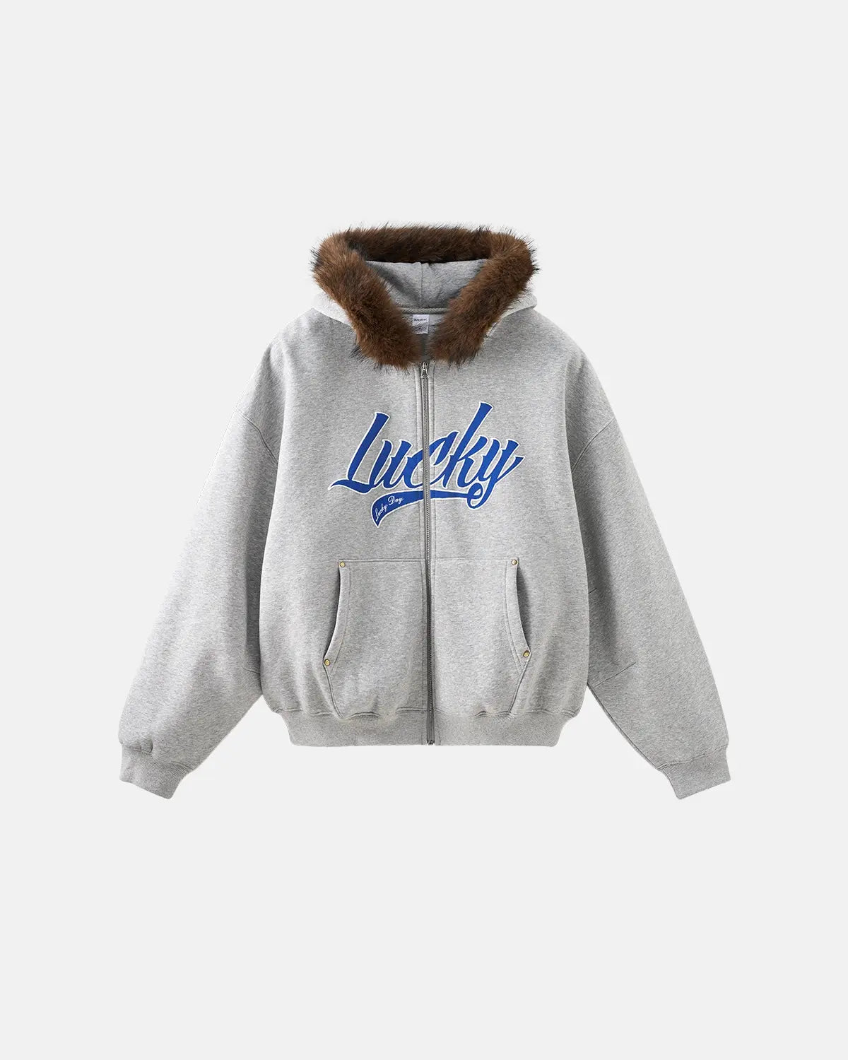 Inflation streetwear faux fur collar zip-up hoodie jacket featuring a cozy fur-lined collar and casual fit.