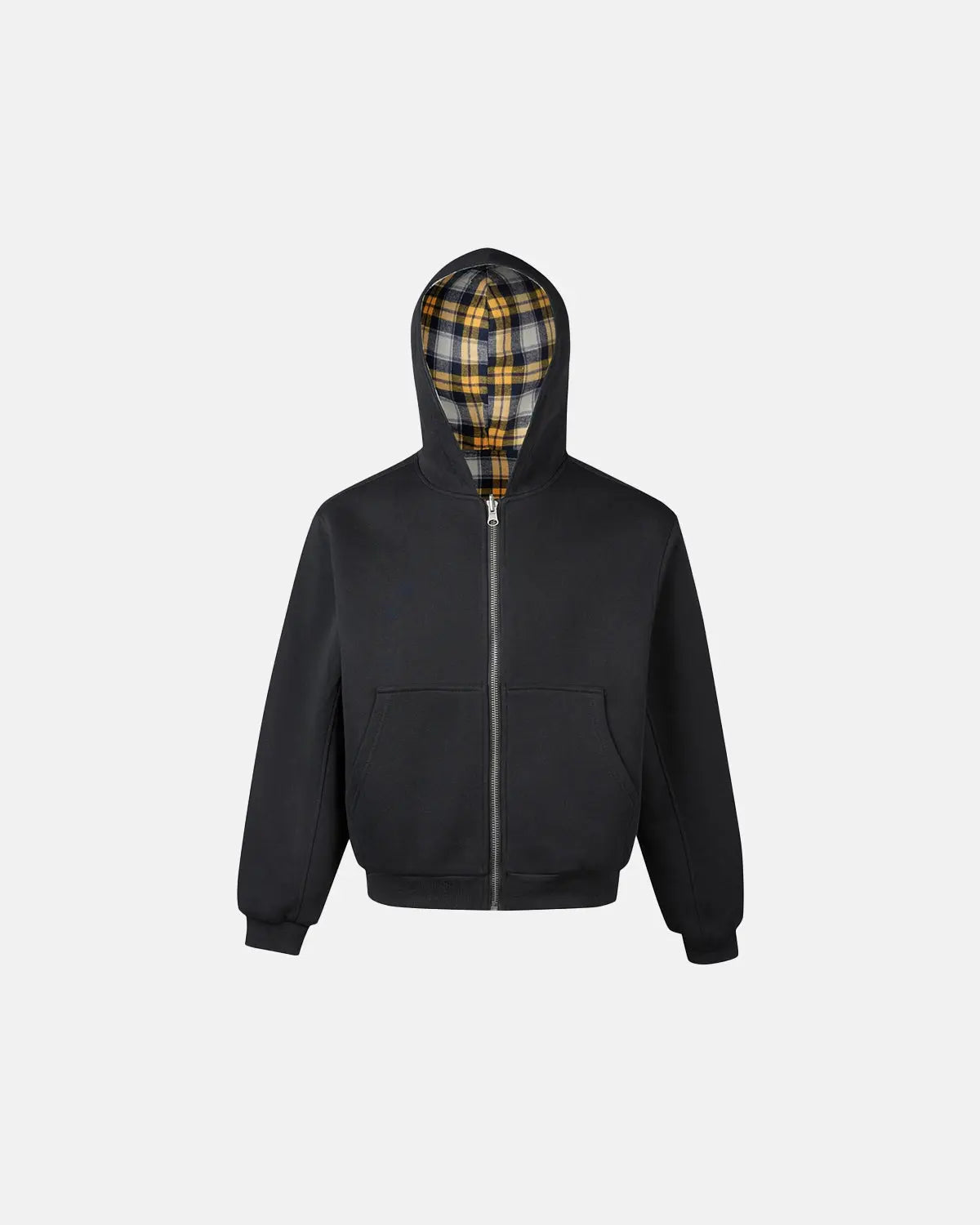 Yellow plaid reversible zip-up hoodie by INFLATION Streetwear, showing the front view with the hood and plaid pattern.
