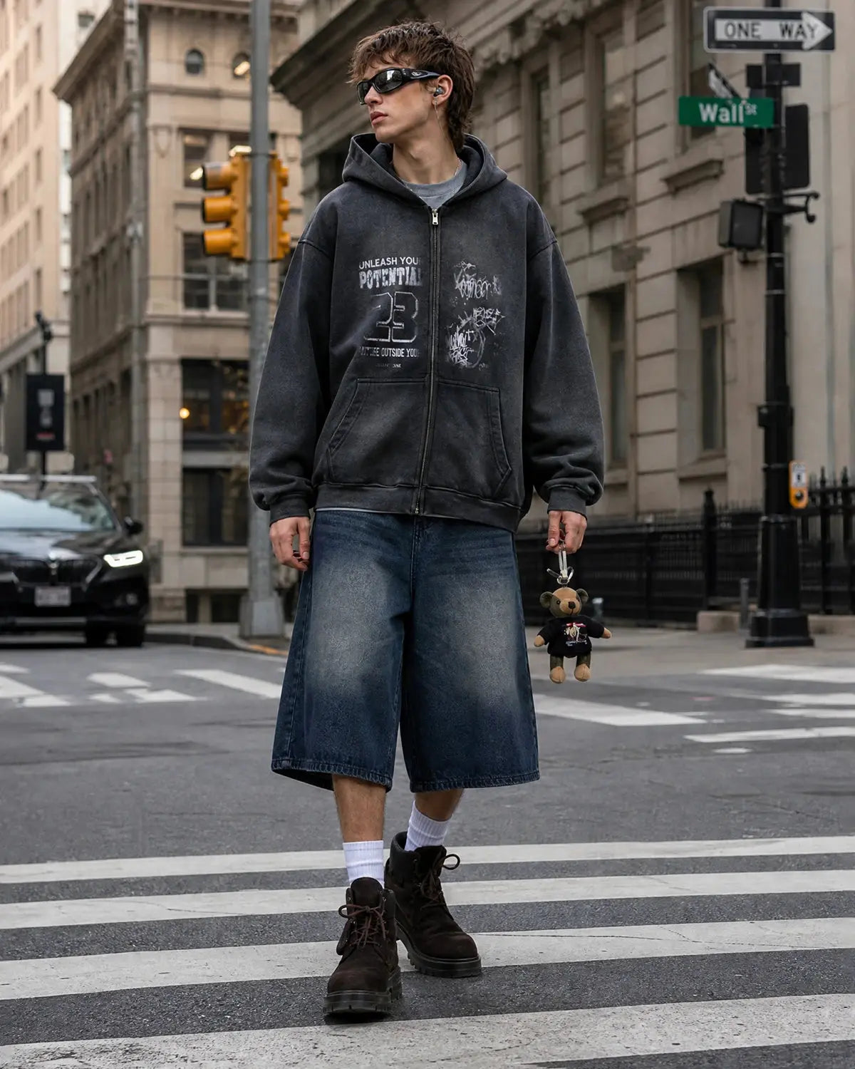 Inflation Streetwear graphic washed zip-up hoodie with bold print, casual fit, and comfortable fabric, displayed on a neutral background.