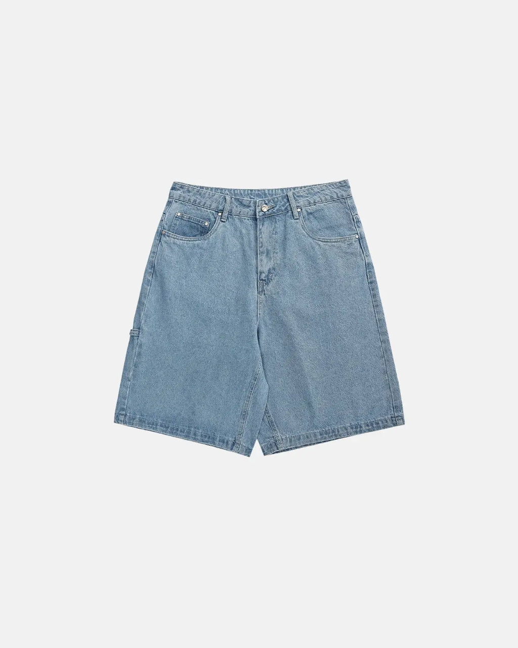 Light blue vintage-style INFLATION straight washed jorts jeans pants with distressed details and frayed hems.