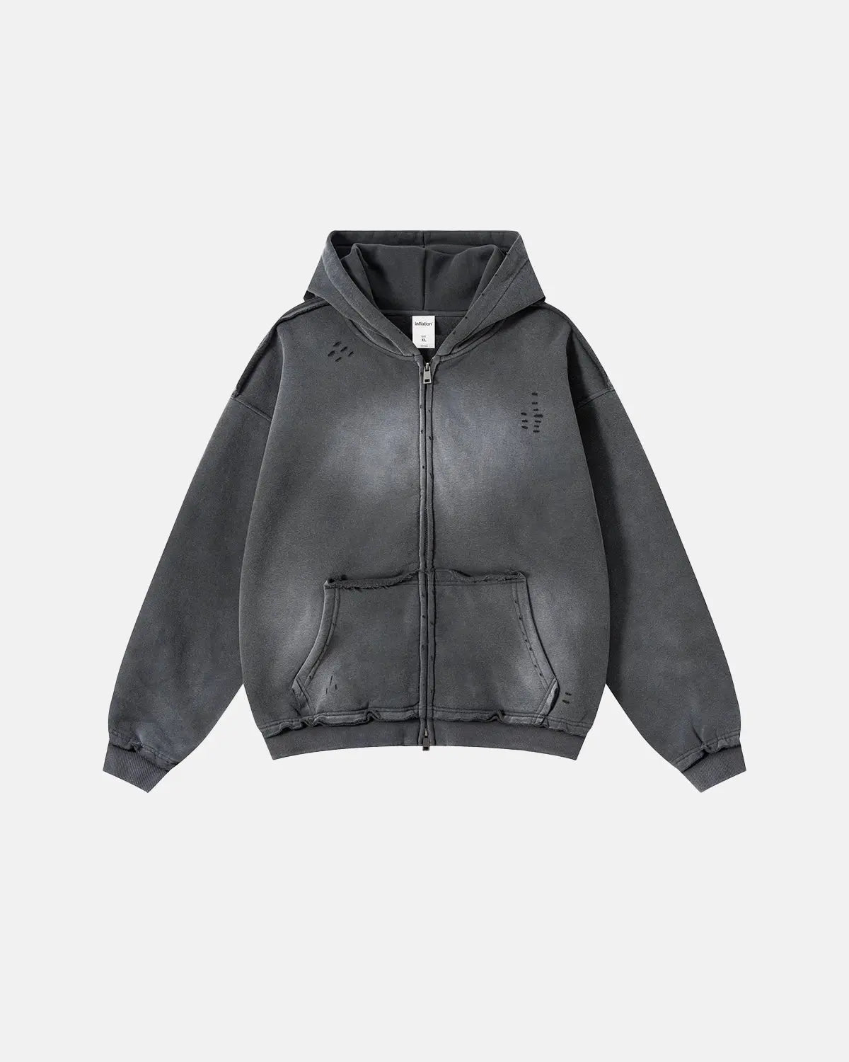 Inflation Monkey Wash Ripped Zip Up Hoodie featuring distressed denim style and front zipper, casual streetwear for a trendy look.