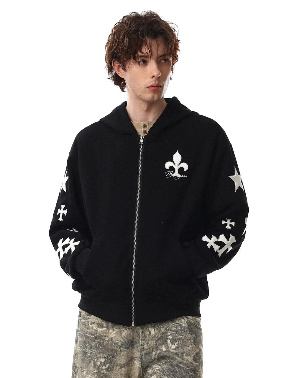 Inflation Streetwear Cross PU Patch embroidery zip-up hoodie with front pockets and adjustable drawstrings, casual streetwear style.
