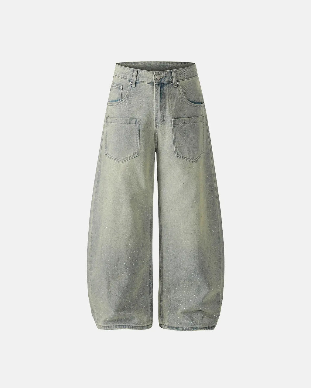 Acid wash rhinestone baggy jeans with distressed details and loose fit, styled by INFLATION streetwear brand.