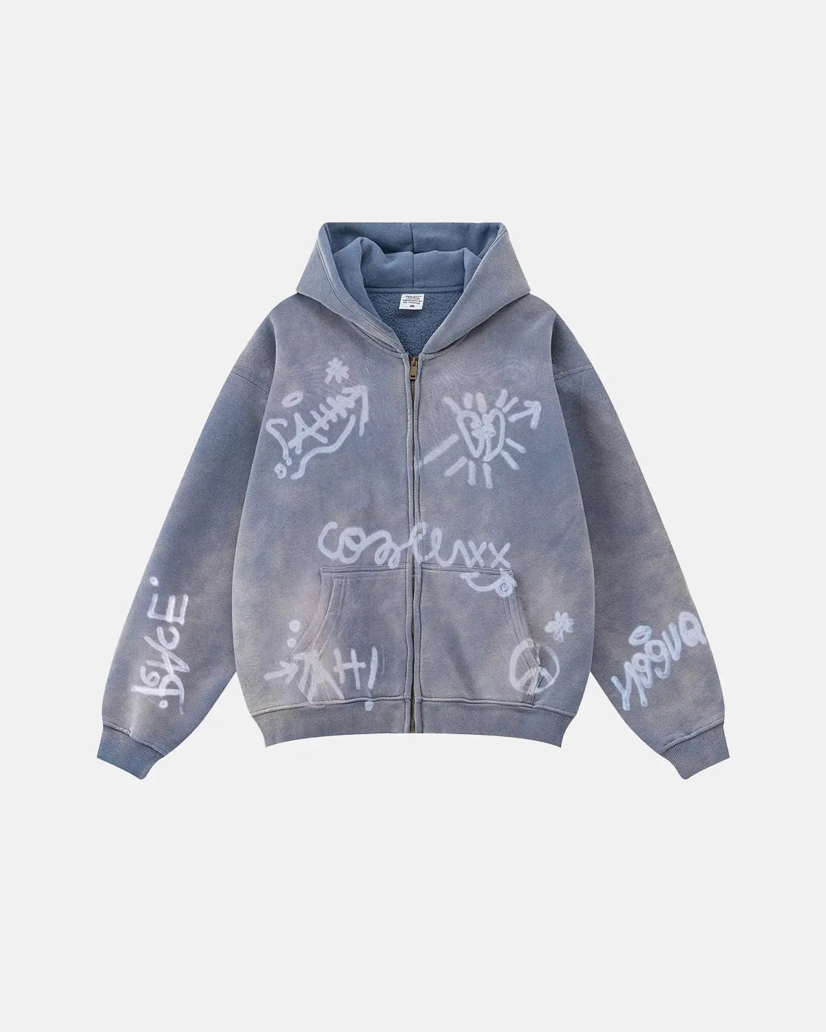 Inflation graffiti washed zip-up hoodie featuring colorful graffiti design, soft fabric, and casual fit.