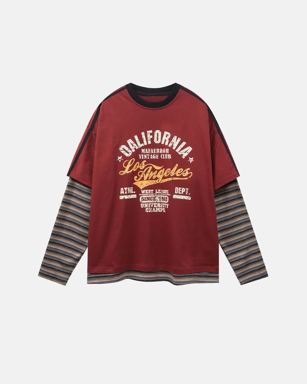 Inflation Streetwear retro letter print layered stripe T-shirt featuring bold colors and vintage-inspired design.
