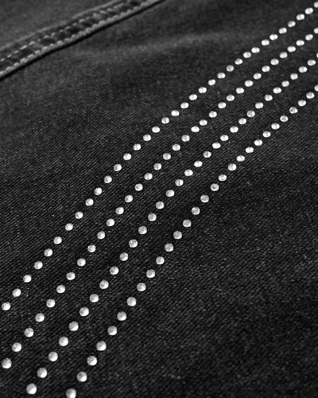 Inflation Streetwear front striped rhinestone barrel jeans, stylish pants with bold stripe pattern and sparkling rhinestone details.