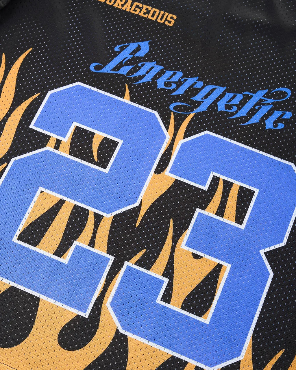 Inflation Streetwear NO.23 and Flame Print Mesh Tee featuring bold flame and graphic designs on lightweight black mesh fabric.