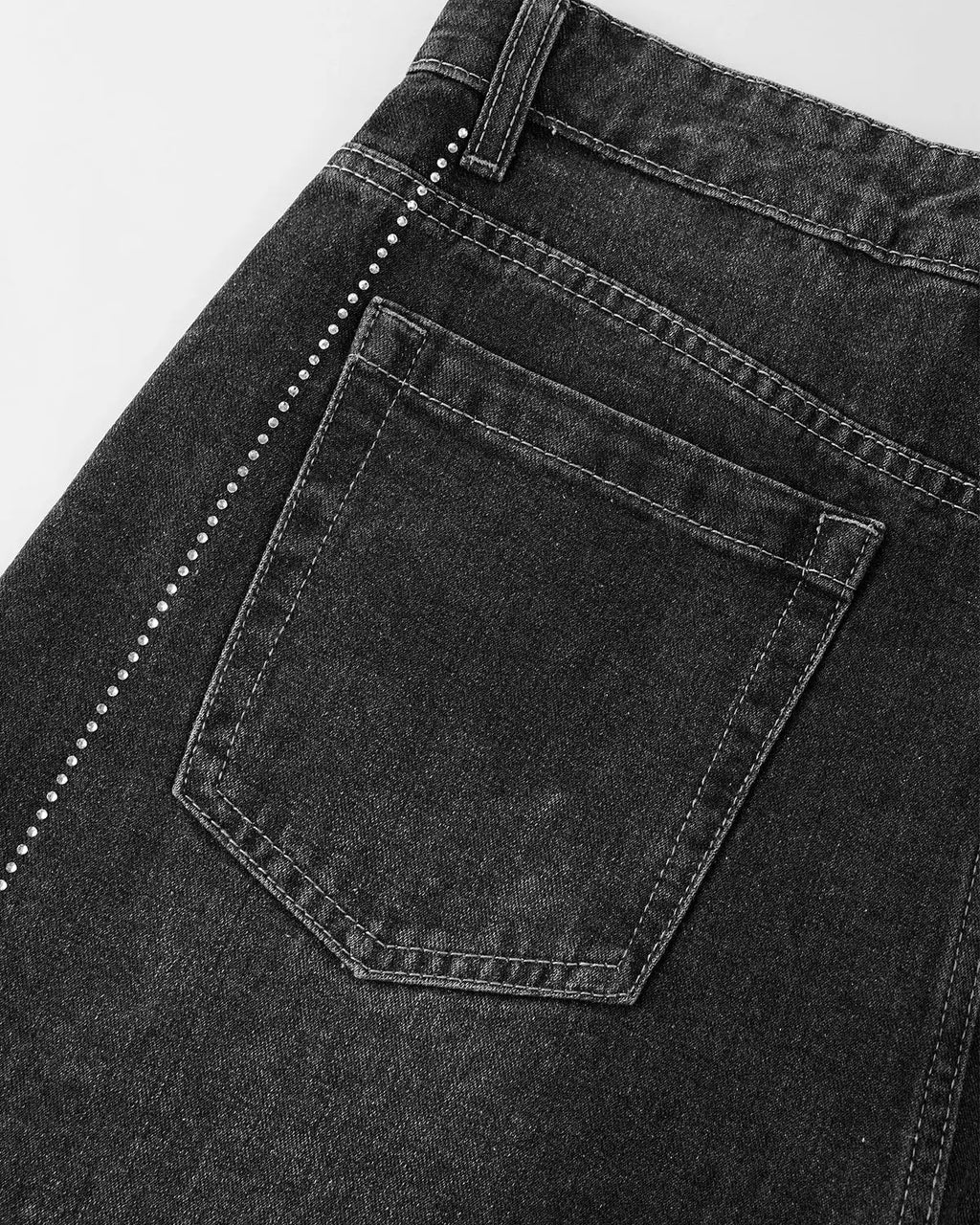 Inflation Streetwear rhinestone stitching barrel jeans, stylish denim pants with decorative rhinestone details and unique stitching.