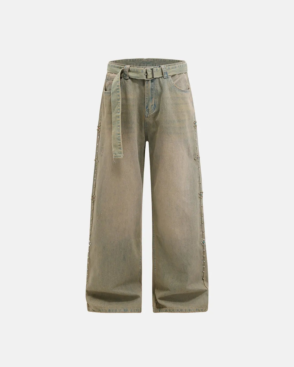 Beaded studded washed baggy jeans from INFLATION Streetwear, featuring a relaxed fit with decorative bead and stud accents on denim.