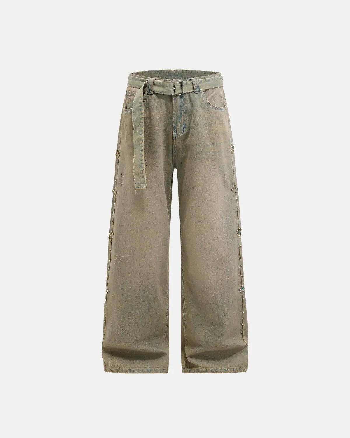Beaded studded washed baggy jeans from INFLATION Streetwear, featuring a relaxed fit with decorative bead and stud accents on denim.