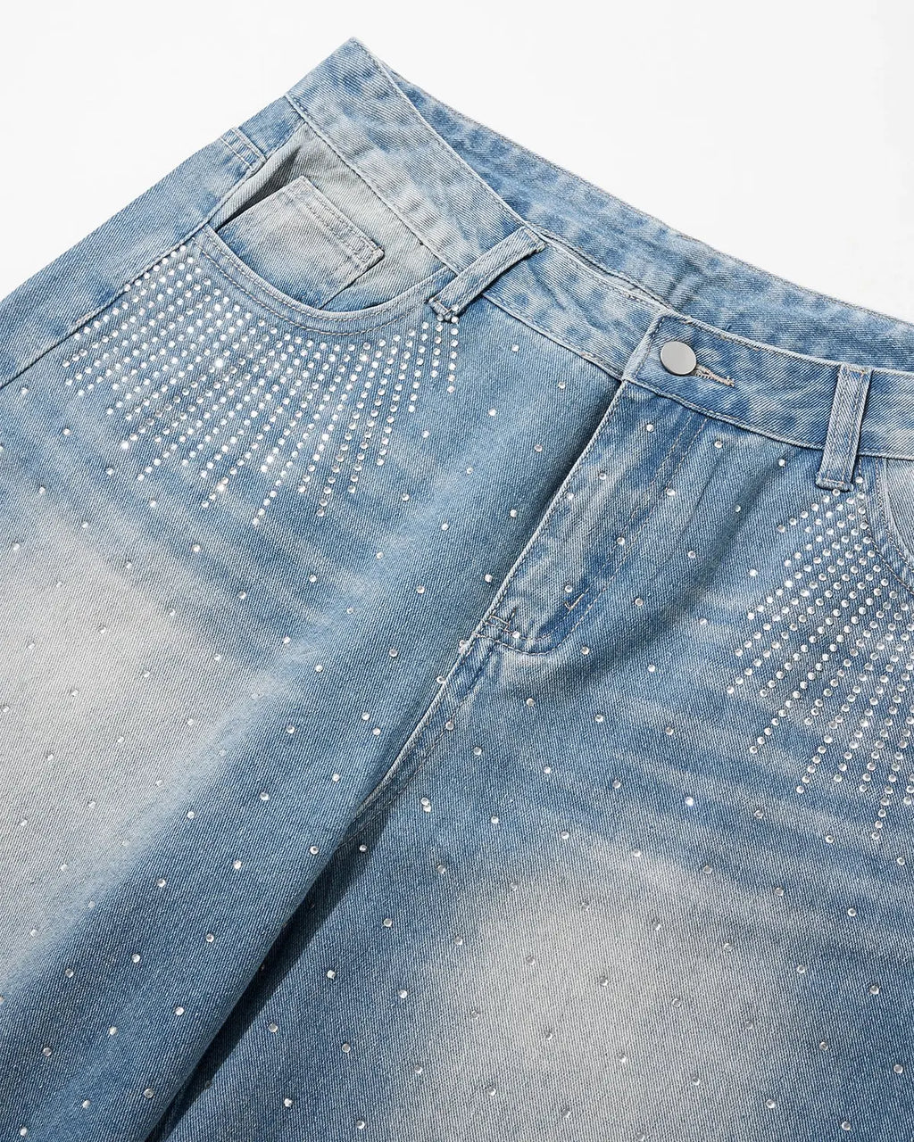 Blue rhinestone baggy jeans shorts from INFLATION streetwear, featuring loose fit and sparkling rhinestone details.