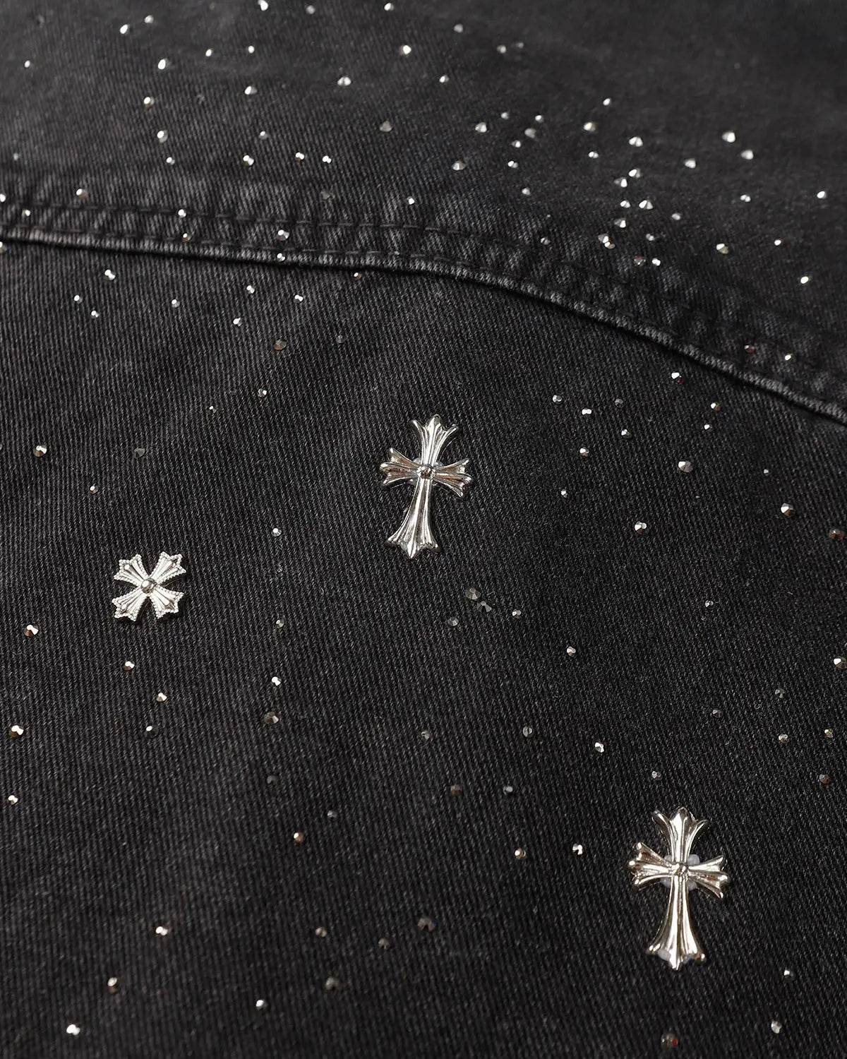 Inflation Starry Cross rhinestone washed denim t-shirt with graphic design, casual streetwear style, and trendy distressed look.