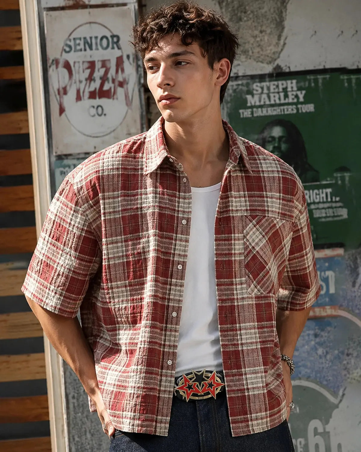 Inflation Streetwear boxy fit plaid shirt with a relaxed style, featuring a classic plaid pattern in various colors.