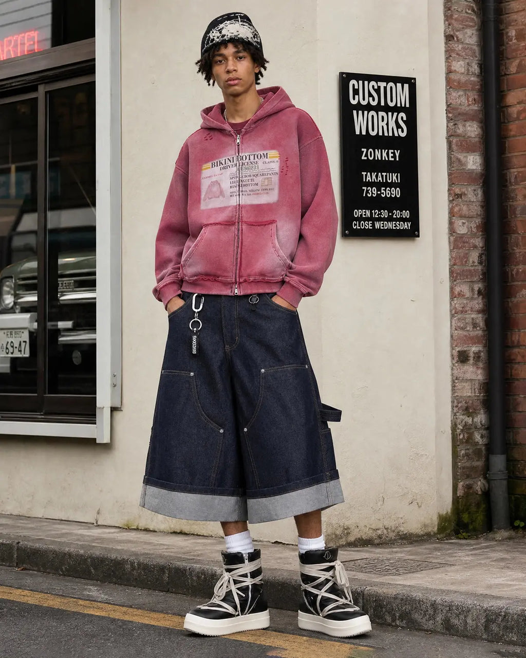 Inflation Streetwear graphic ripped washed zip-up hoodie with distressed details and a casual fit, shown in a front view.