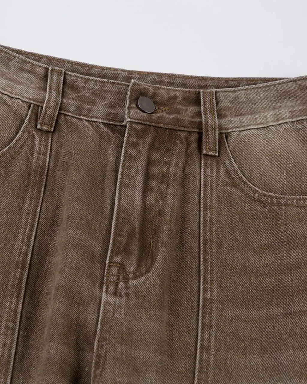 Inflation Brown Acid Wash Barrel Jeans showing relaxed fit, distressed details, and classic five-pocket style.