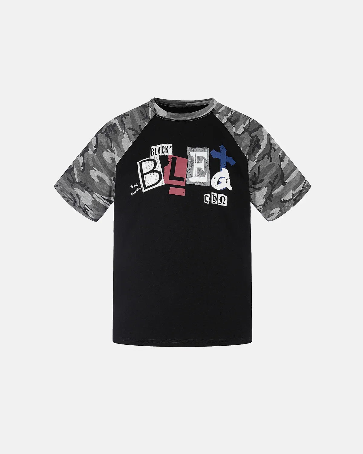 Inflation Streetwear camo sleeve graphic boxy T-shirt with bold camouflage pattern and casual fit, front view of the stylish streetwear tee.