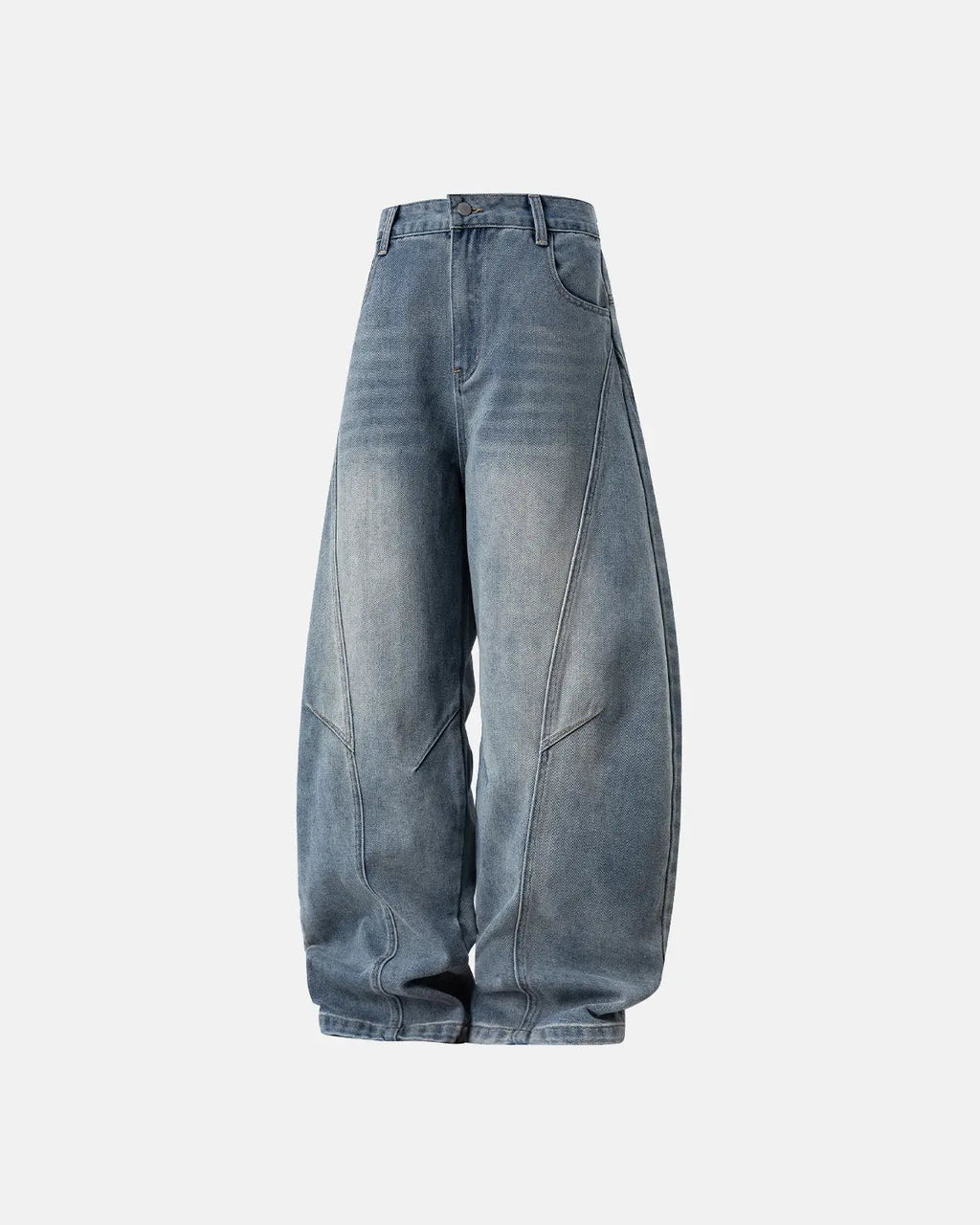 Pair of INFLATION Curved Seam Deconstructed Barrel Jeans showing distressed denim, curved seams, and relaxed fit style.