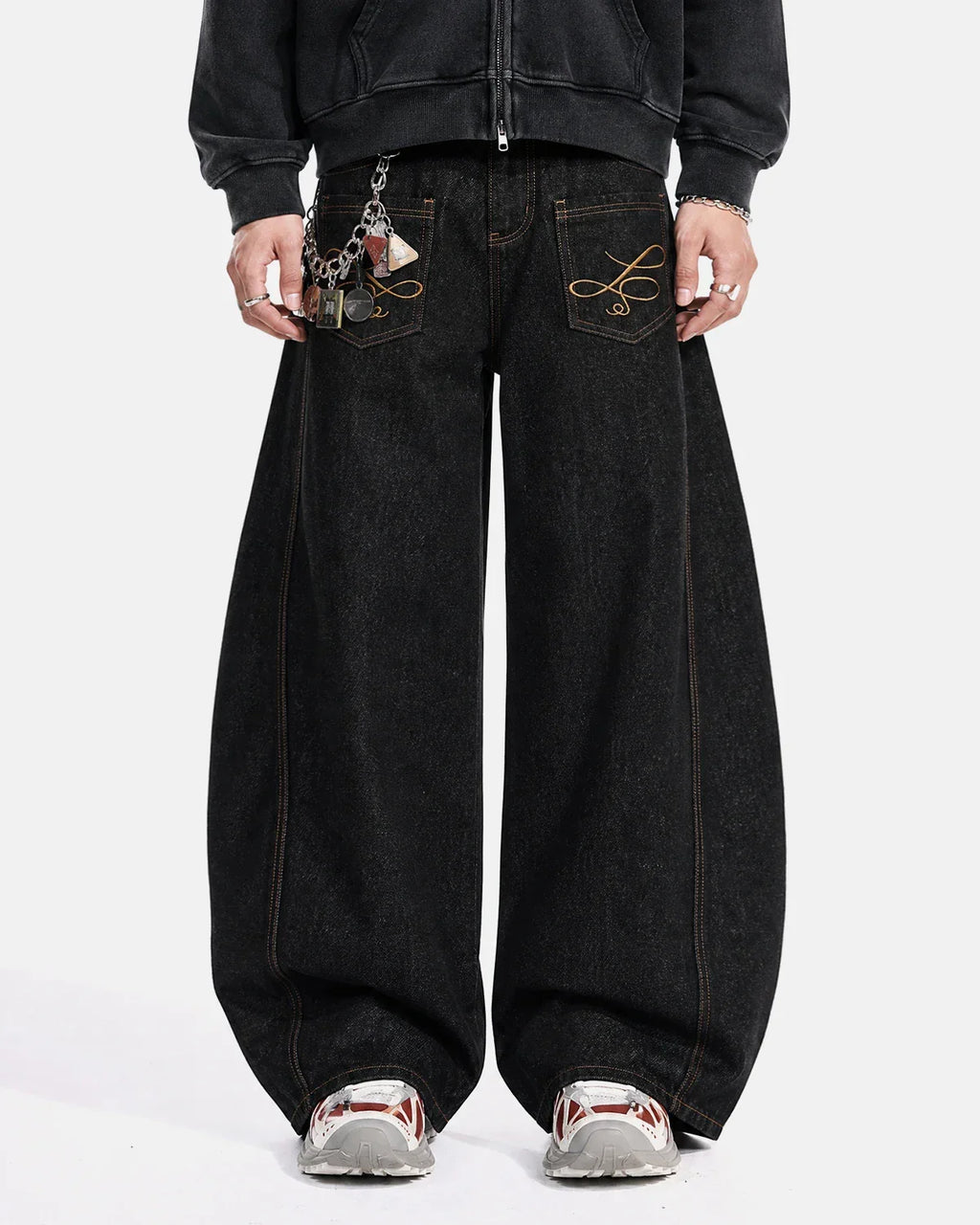Inflation Streetwear Pocket Embroidery Raw Barrel Jeans showing detailed embroidery on the front pockets and raw hem design.