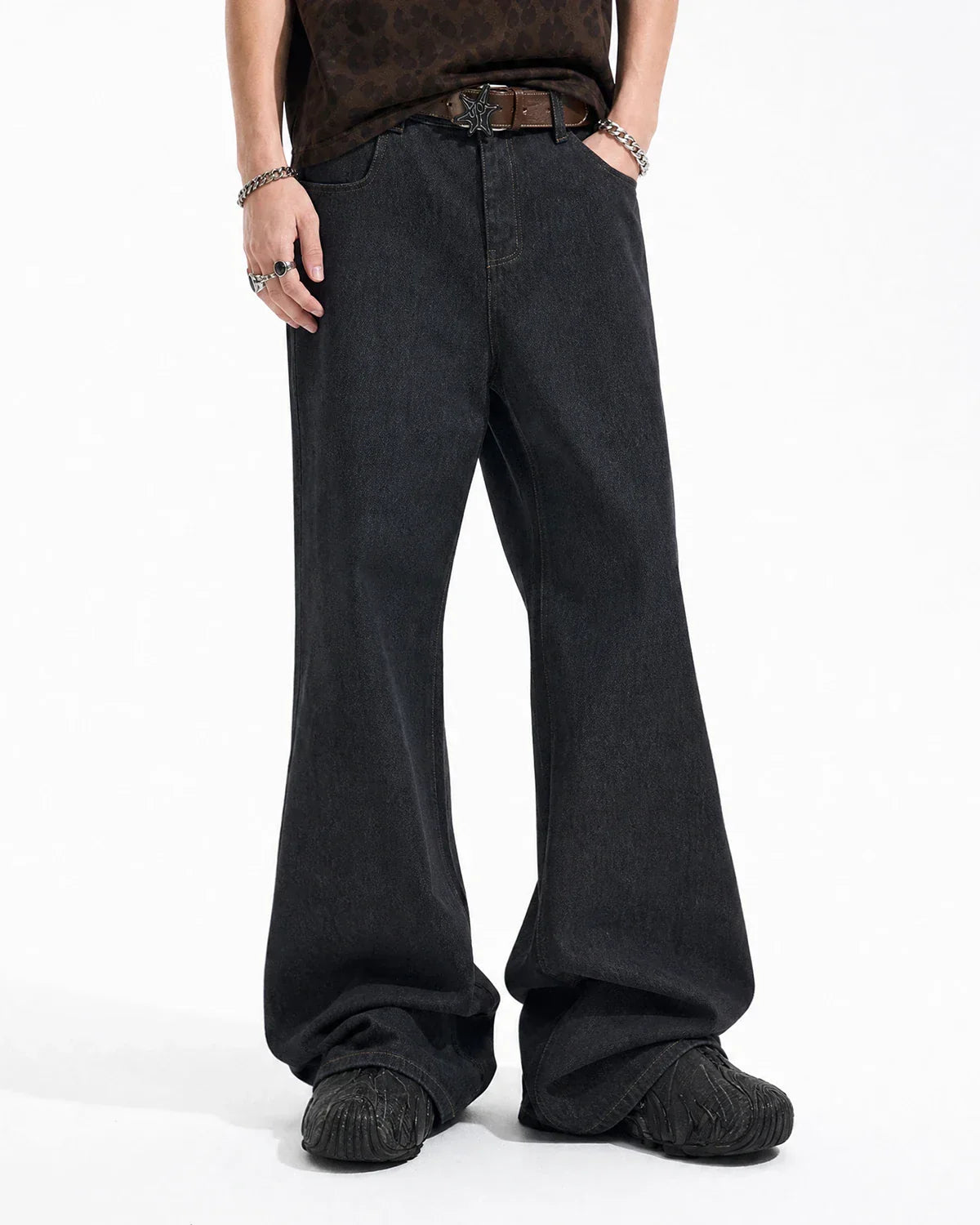 Inflation Super Raw Flared Baggy Jeans showing wide-leg fit, distressed denim, and casual streetwear style.