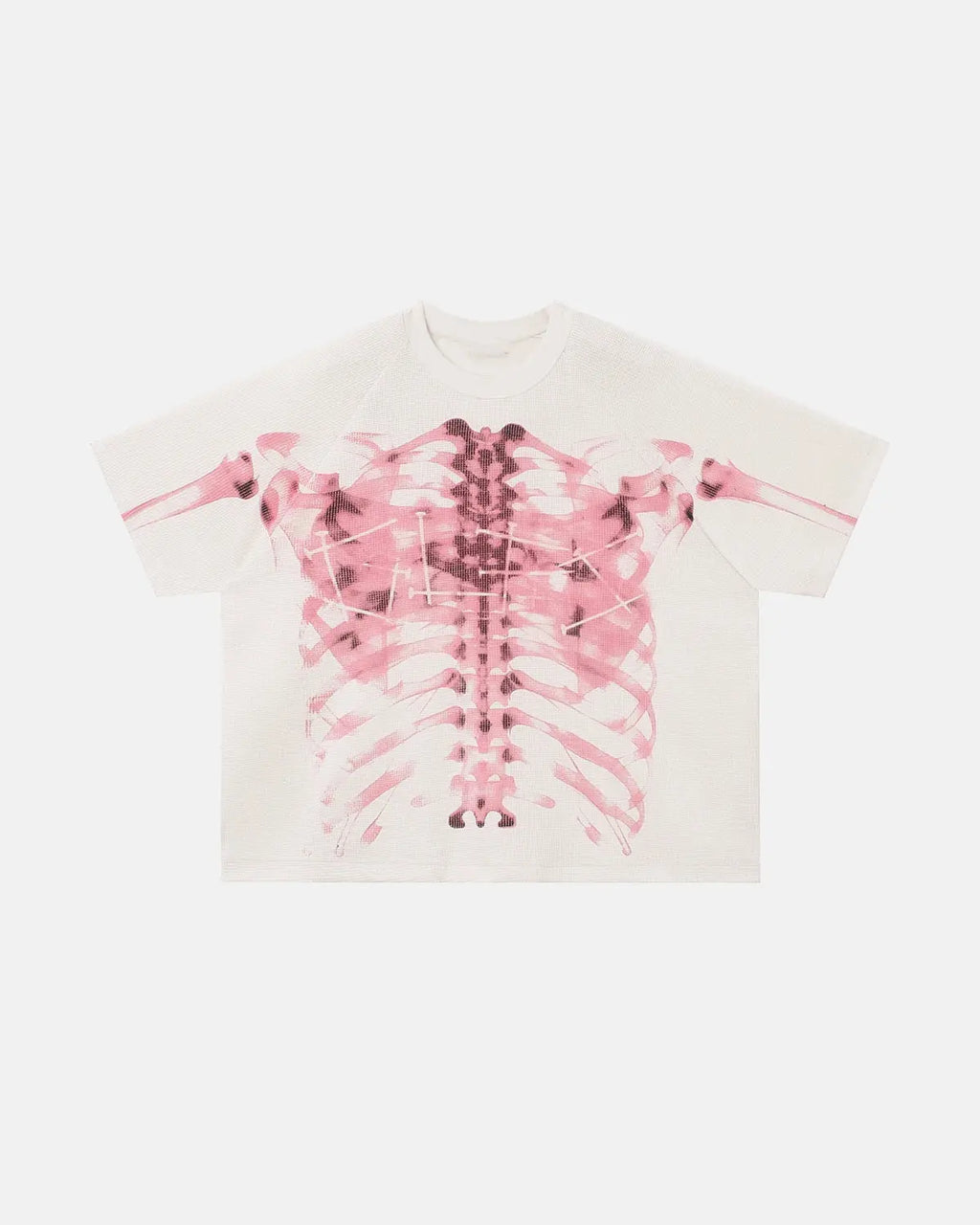 Pink X-ray skeleton boxy T-shirt by INFLATION featuring a detailed skeletal design on soft cotton fabric.