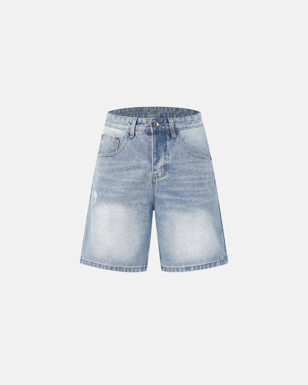 Ripped mid-length washed denim shorts by INFLATION, showing distressed details and casual fit on a pair of stylish denim pants.