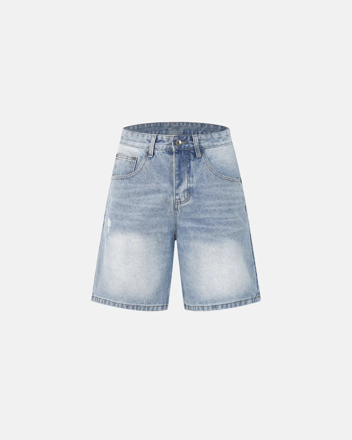 Ripped mid-length washed denim shorts by INFLATION, showing distressed details and casual fit on a pair of stylish denim pants.