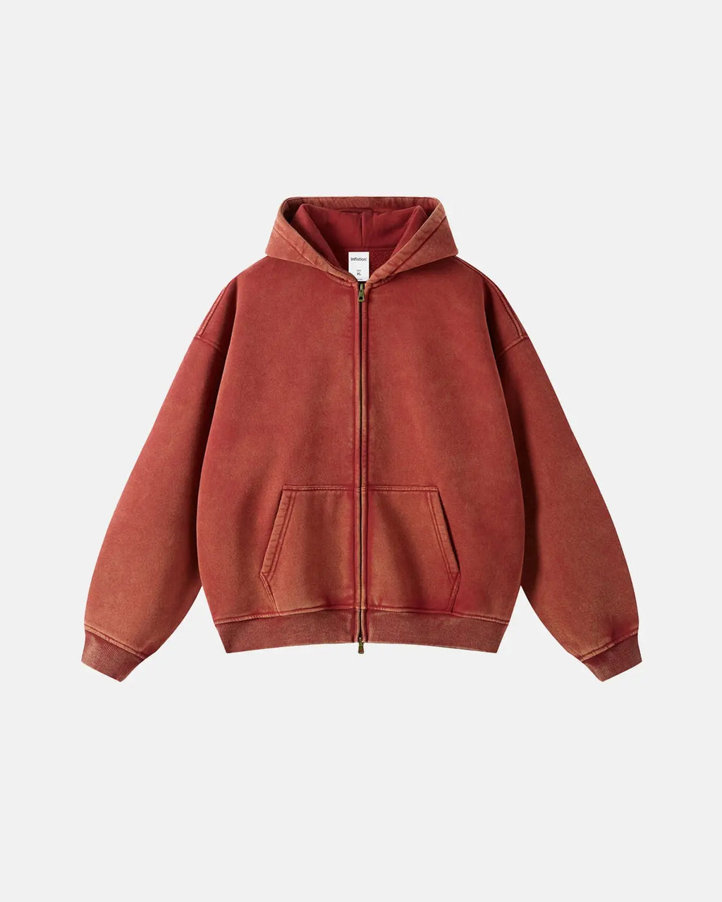 Acid washed distressed fleece zip-up hoodie by INFLATION, featuring a relaxed fit and trendy streetwear style.