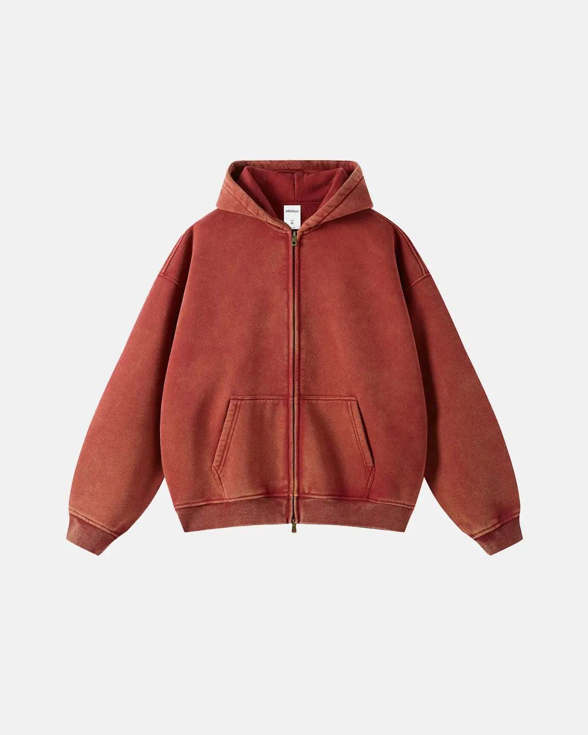 Acid washed distressed fleece zip-up hoodie by INFLATION, featuring a relaxed fit and trendy streetwear style.