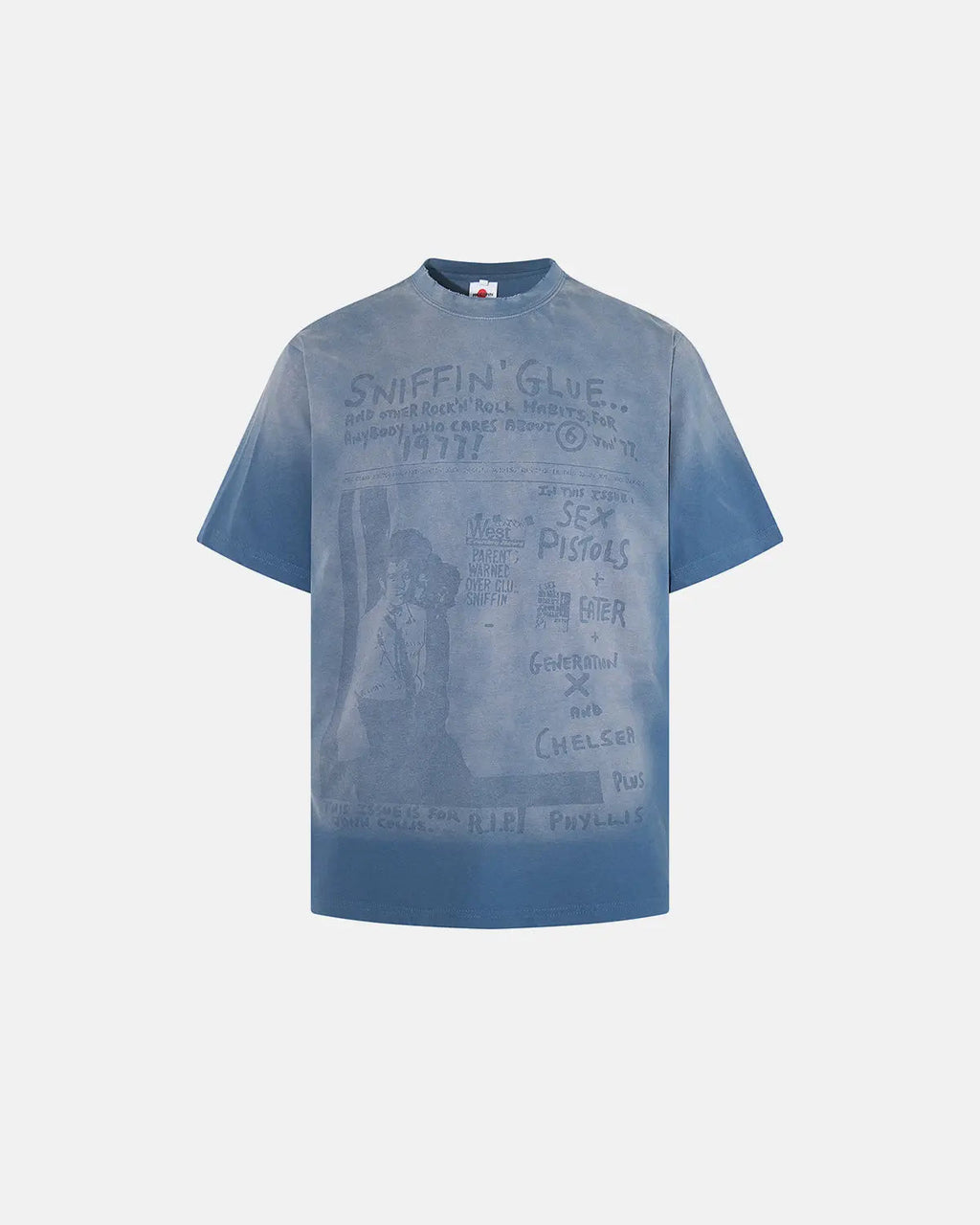 Retro graphic faded washed T-shirt by INFLATION featuring vintage-inspired streetwear style and distressed design.