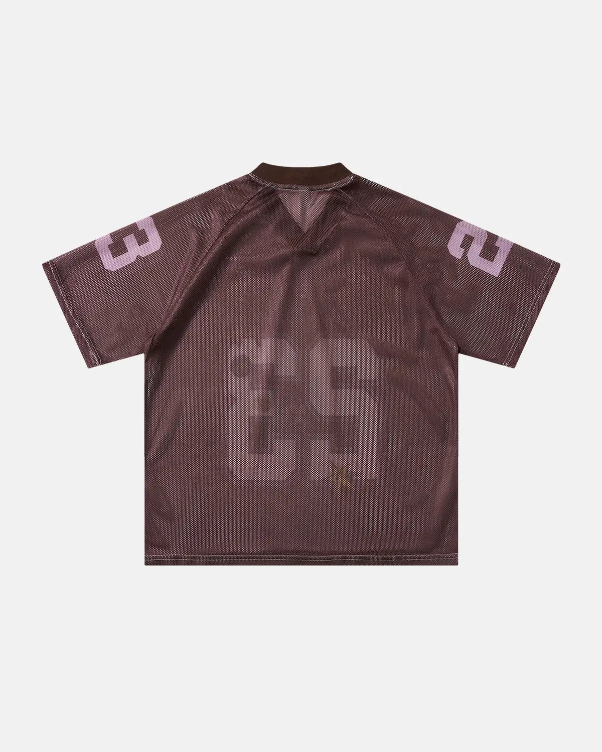 Pink mesh jersey T-shirt from INFLATION's Number 23 streetwear collection, featuring a lightweight, breathable fabric and bold style.