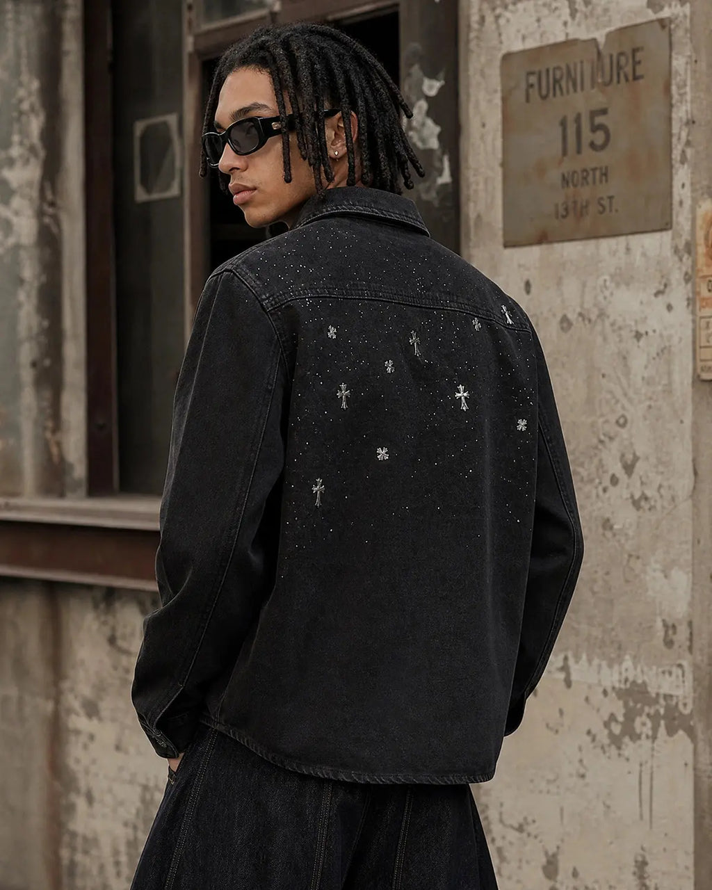 Inflation Starry Cross Rhinestone washed denim shirt t-shirt with starry cross design, casual streetwear style, front view.