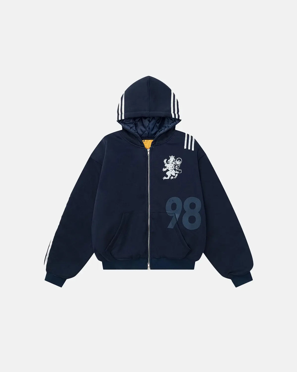 Gothic striped hooded bomber jacket by INFLATION featuring black and white stripes, zip front, and relaxed streetwear style.