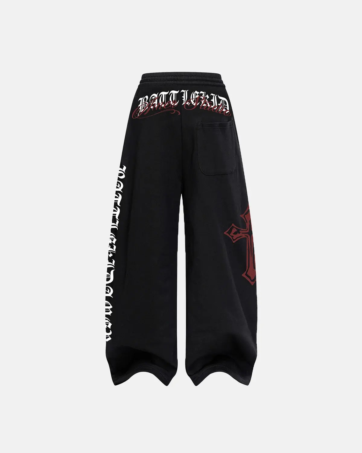 Inflation Streetwear cross print baggy sweatpants with relaxed fit, featuring bold cross graphic design and comfortable fabric.