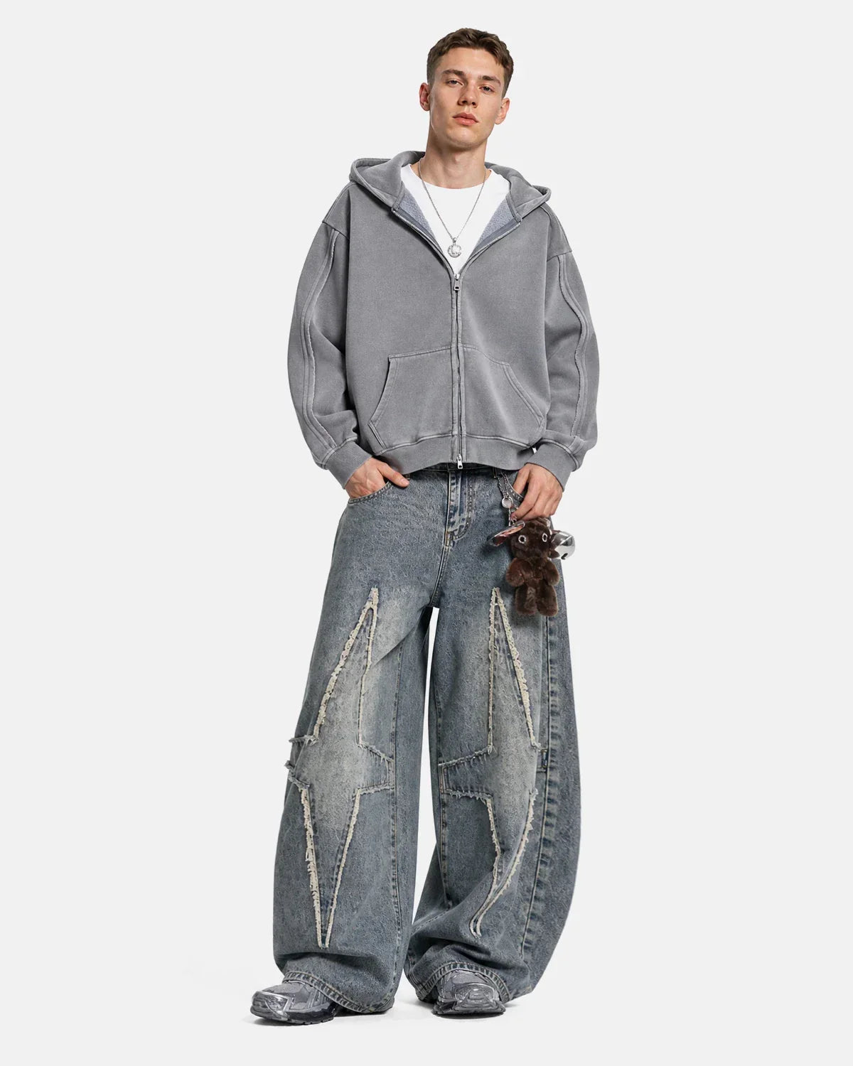 Washed raw edge boxy zip-up hoodie by INFLATION streetwear, featuring a relaxed fit and distressed raw hem design.