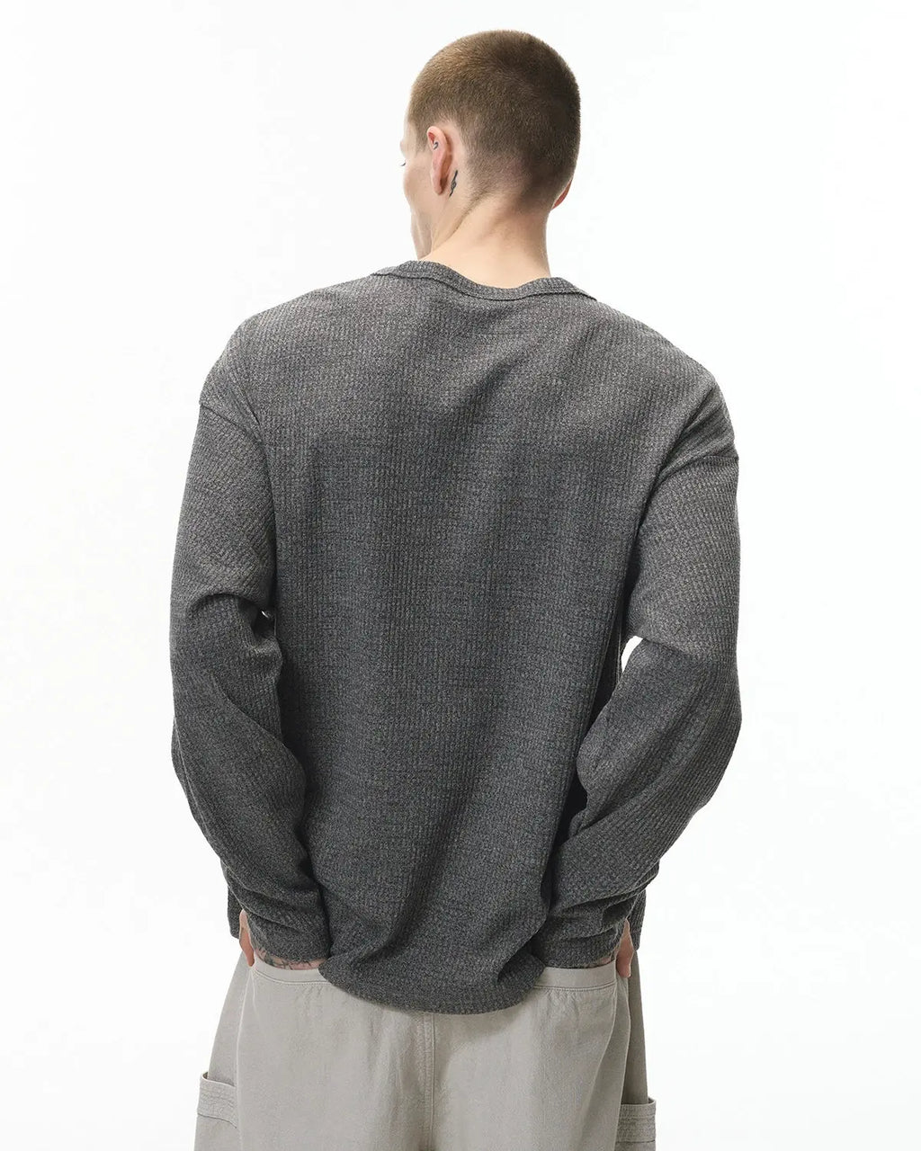 Inflation Streetwear V-neck long sleeve waffle tee, black cotton T-shirt with textured waffle fabric and relaxed fit.