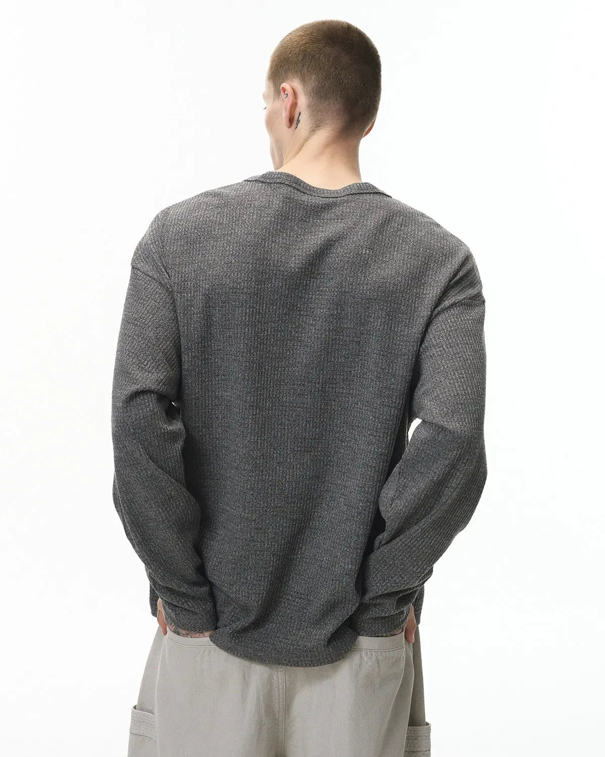 Inflation Streetwear V-neck long sleeve waffle tee, black cotton T-shirt with textured waffle fabric and relaxed fit.