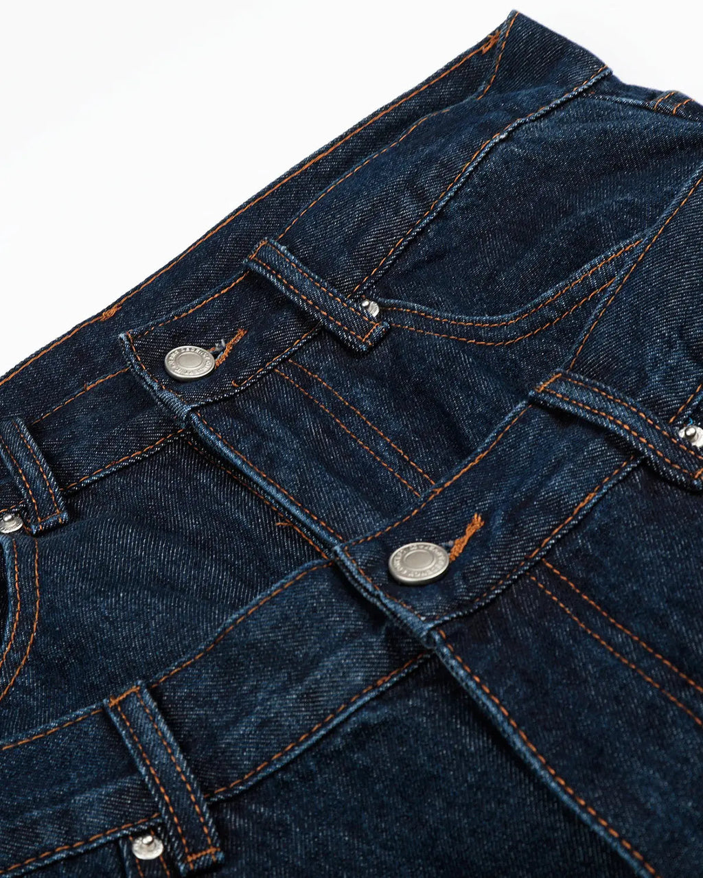 Inflation Streetwear double waist studded denim long jorts, stylish casual pants with metal stud accents and distressed detailing.