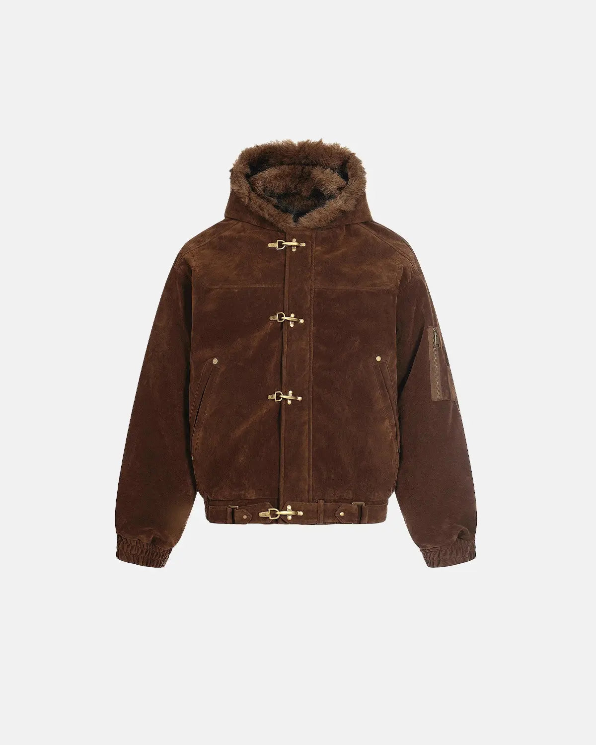 Inflation Streetwear faux fur lined clasp bomber jacket with ribbed cuffs and collar, in black with front zip and side pockets.