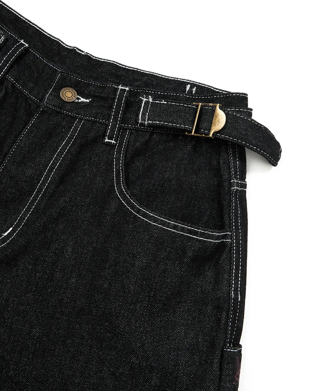 INFLATION Raw denim baggy jorts with adjustable tabs, casual streetwear pants featuring a relaxed fit and distressed denim look.