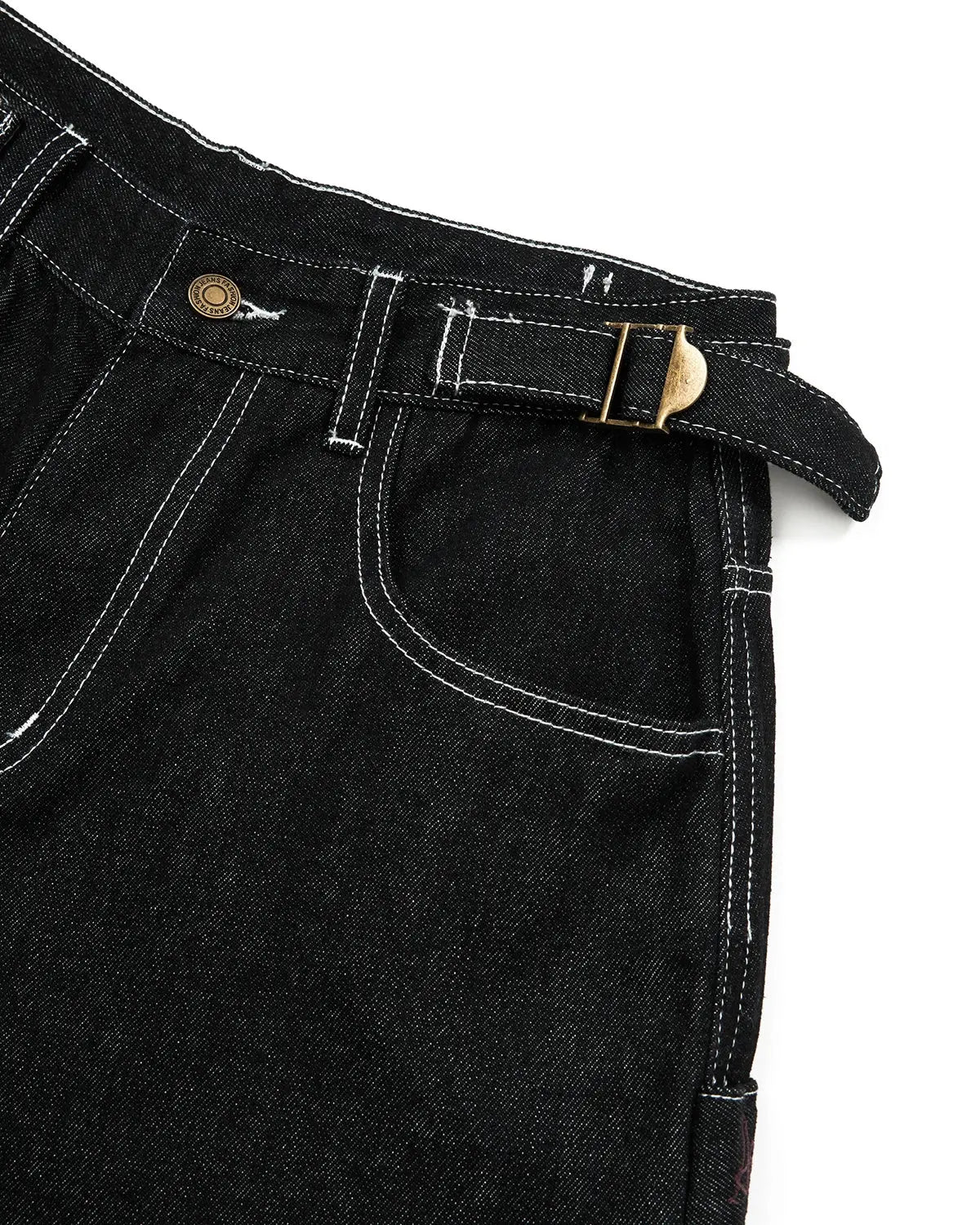 INFLATION Raw denim baggy jorts with adjustable tabs, casual streetwear pants featuring a relaxed fit and distressed denim look.