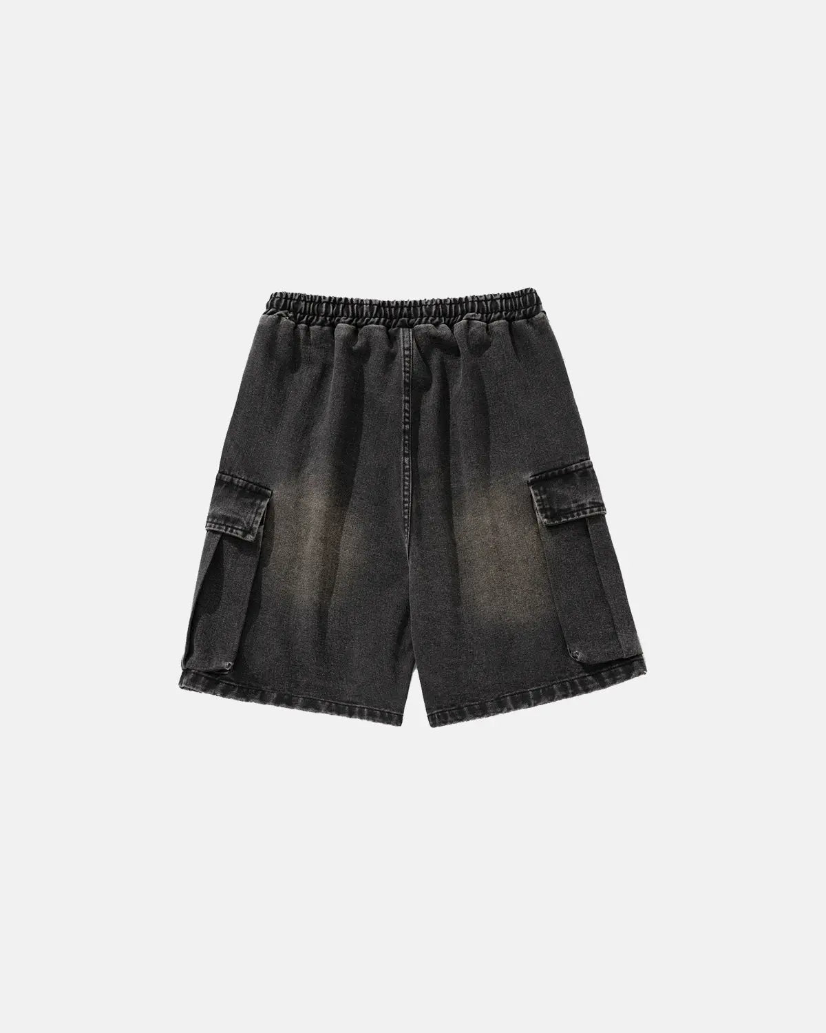 Inflation brand washed denim cargo shorts with drawstring, featuring multiple pockets and a relaxed streetwear style.