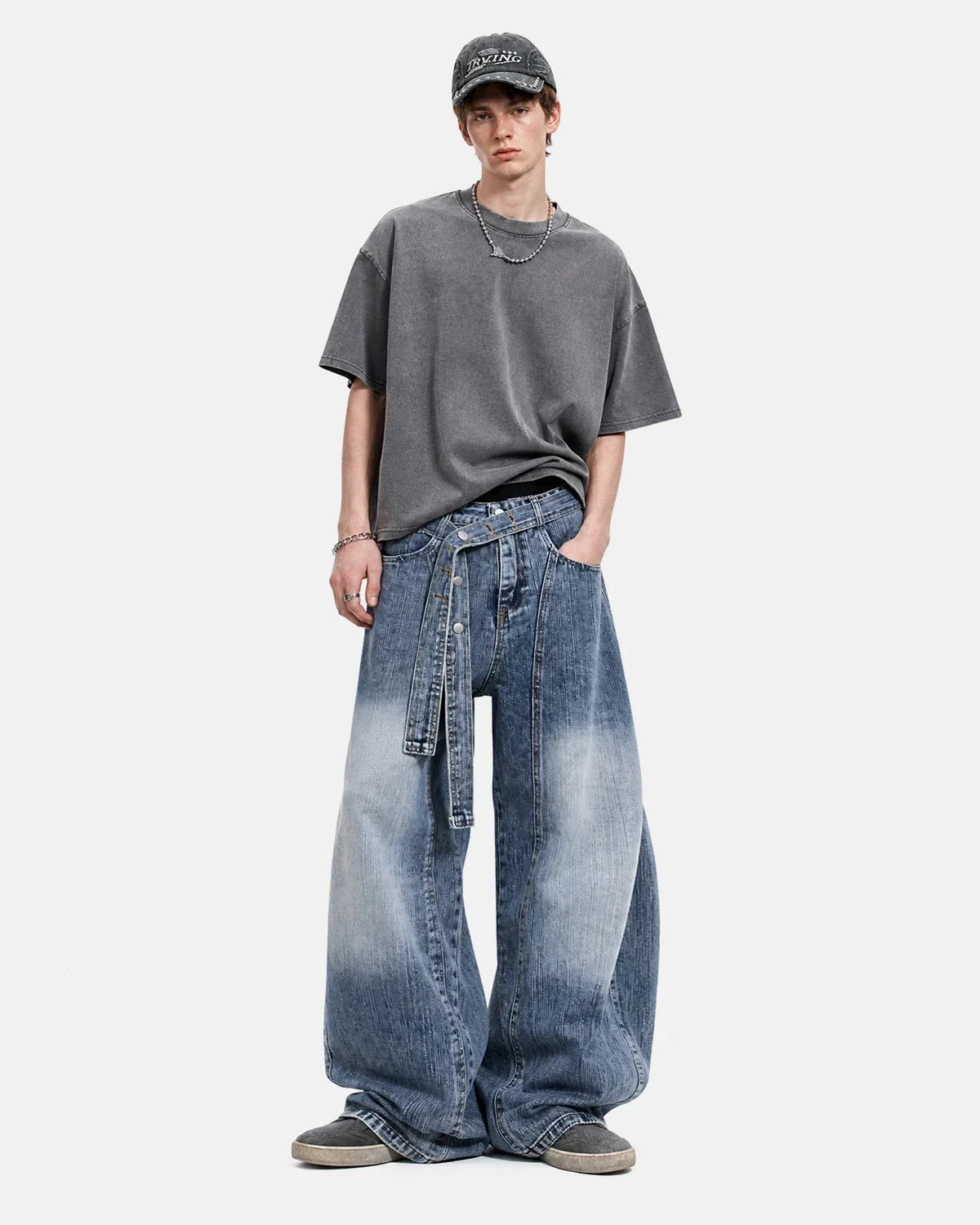 Inflation brand belted bamboo weave barrel jeans with classic denim style and tapered fit, displayed on a neutral background.
