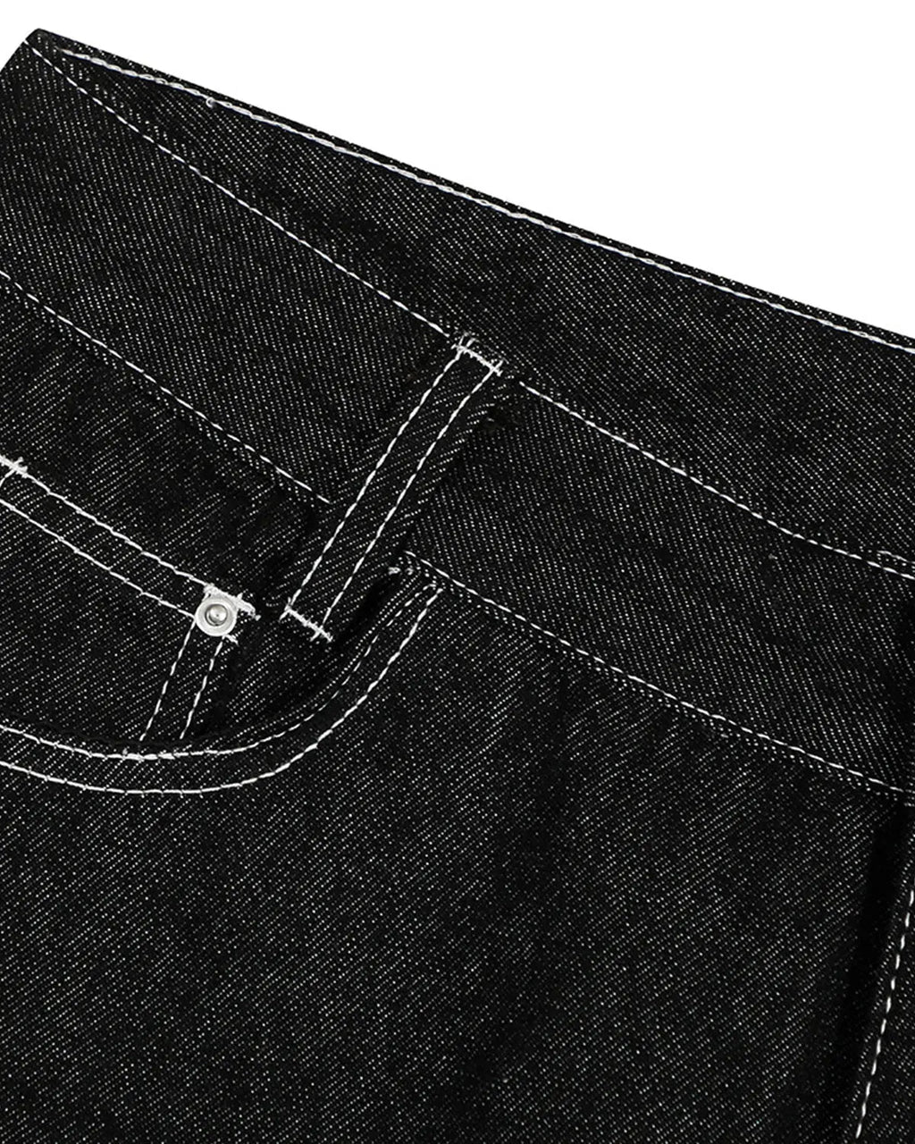 Inflation brand baggy denim jorts with embroidered pocket, casual streetwear pants featuring relaxed fit and stylish detailing.