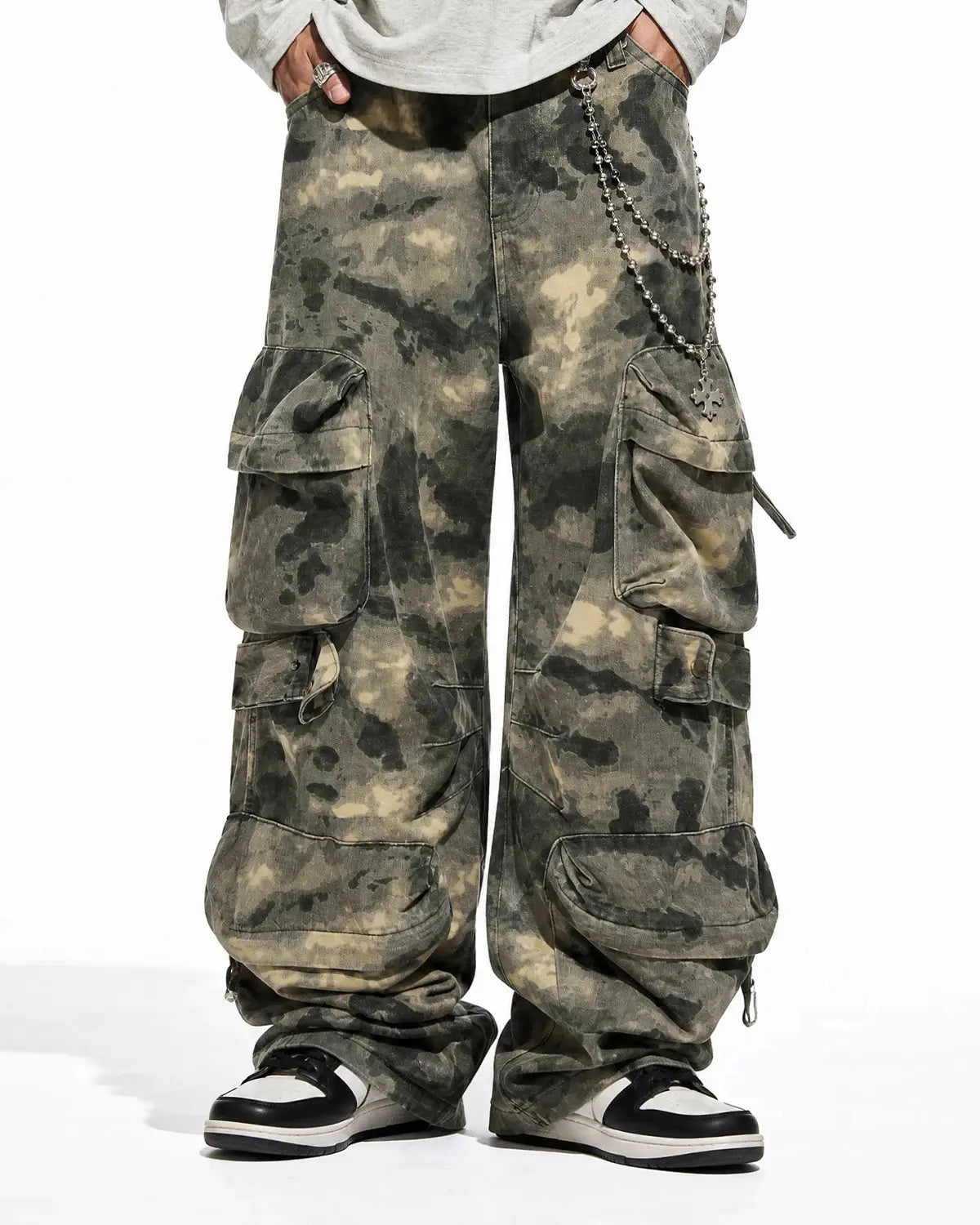 Inflation brand camo multi-pocket baggy cargo pants with adjustable waist and multiple pockets, casual streetwear style.