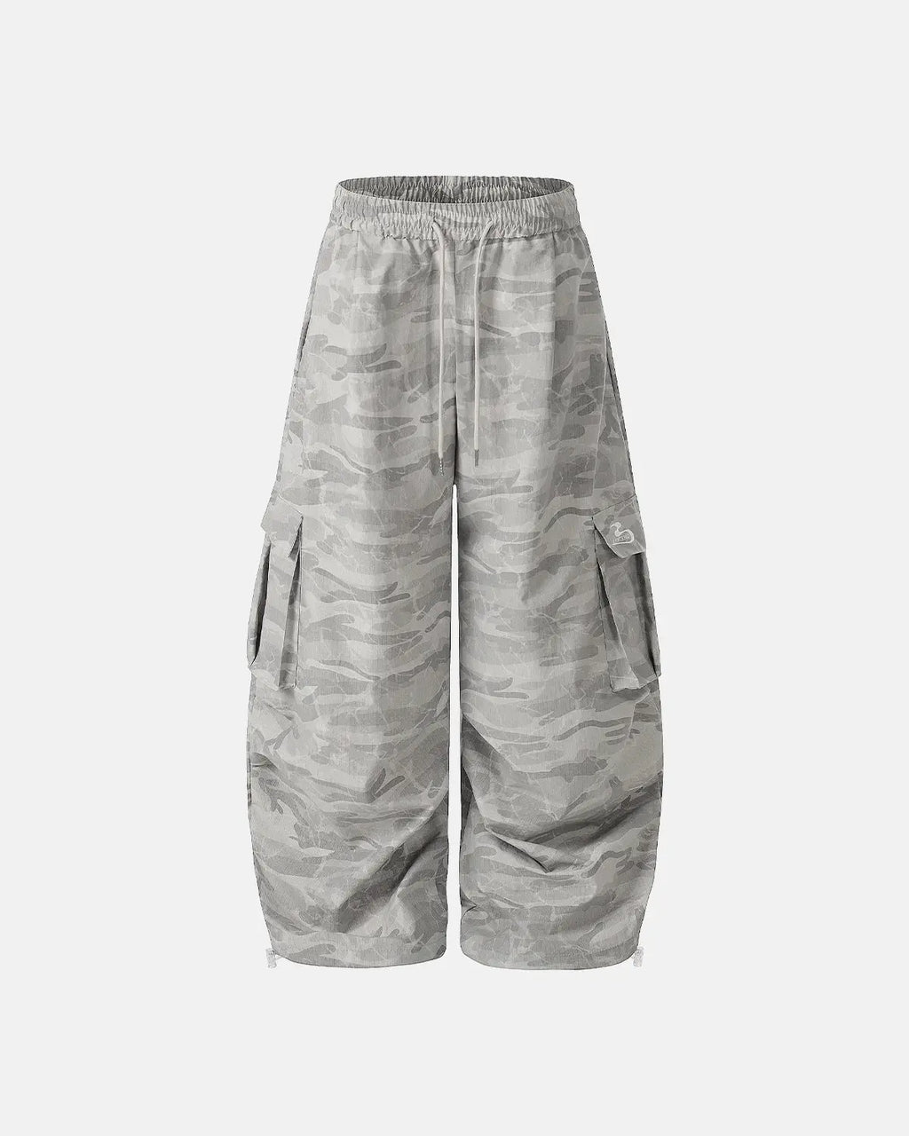 Camouflage cargo barrel pants by INFLATION featuring multiple pockets and a relaxed streetwear style.