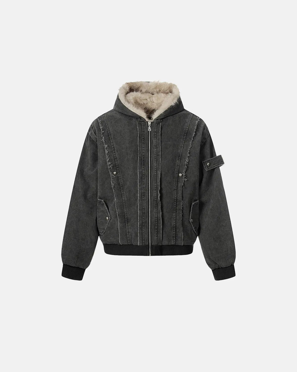 Inflation streetwear faux fur lined washed hooded jacket featuring a relaxed fit and casual style, shown in a front view.
