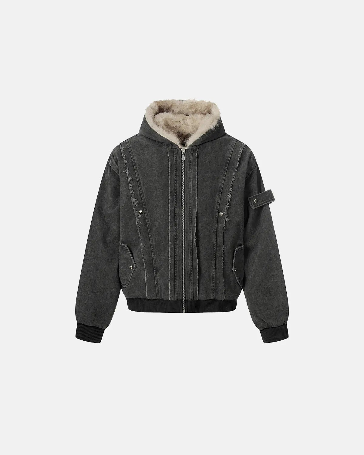 Inflation streetwear faux fur lined washed hooded jacket featuring a relaxed fit and casual style, shown in a front view.