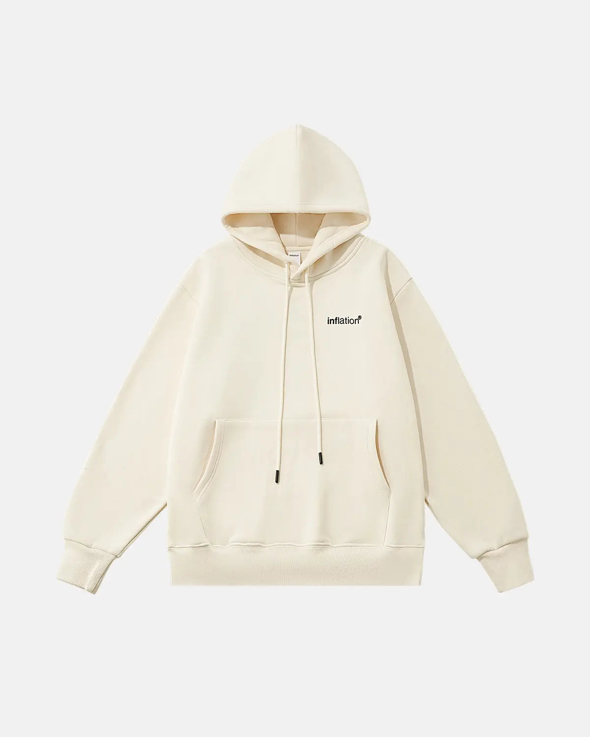 Inflation Streetwear LOGO fleece hoodie with front logo print, cozy fleece fabric, black color, casual streetwear style.