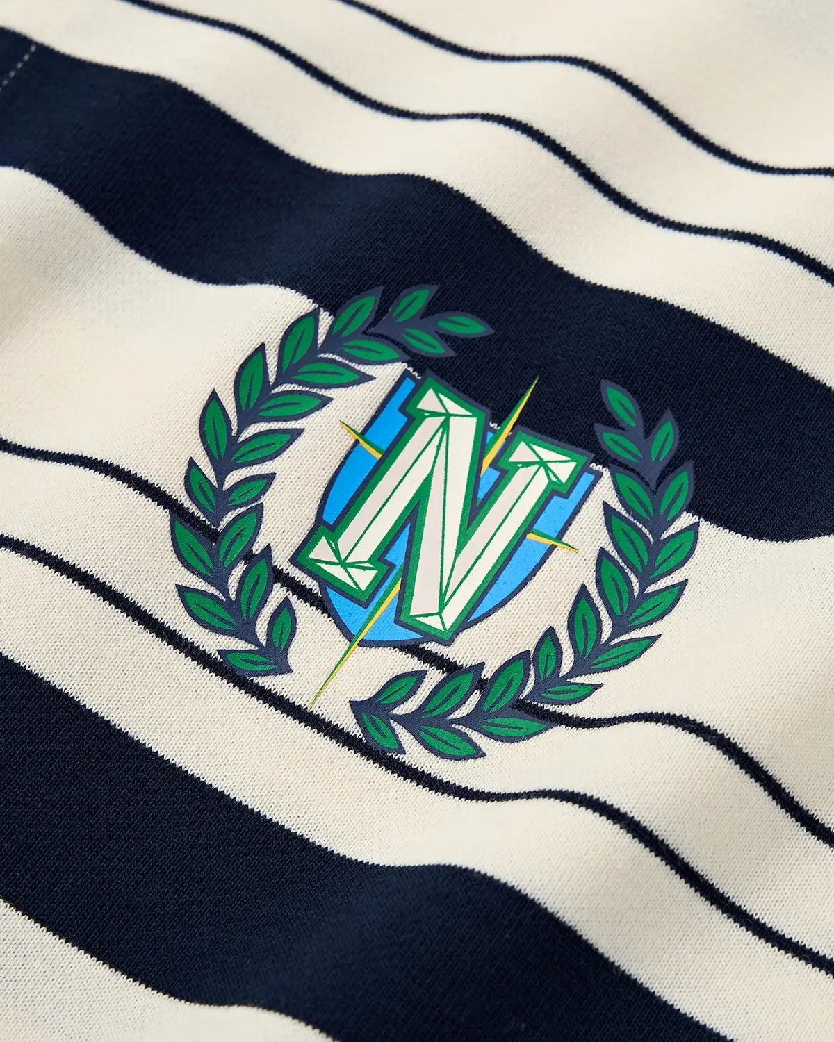 Inflation Streetwear striped rugby polo shirt, casual t-shirt with multicolor horizontal stripes and collar, front view.